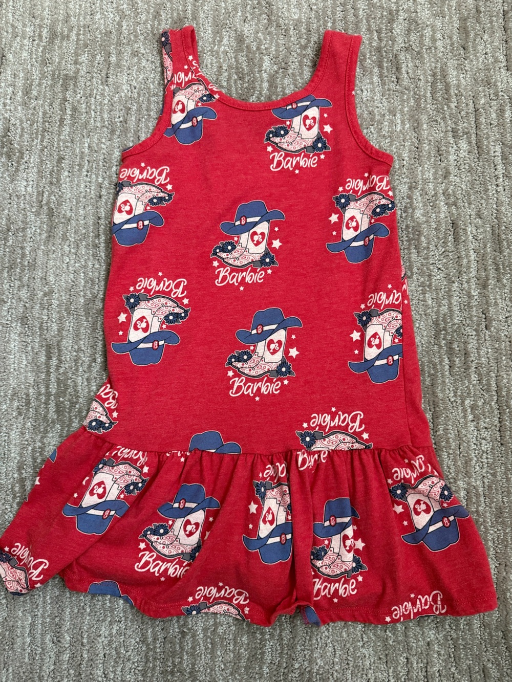 Barbie Red Dress with Blue and White Cowboy Hat Print
